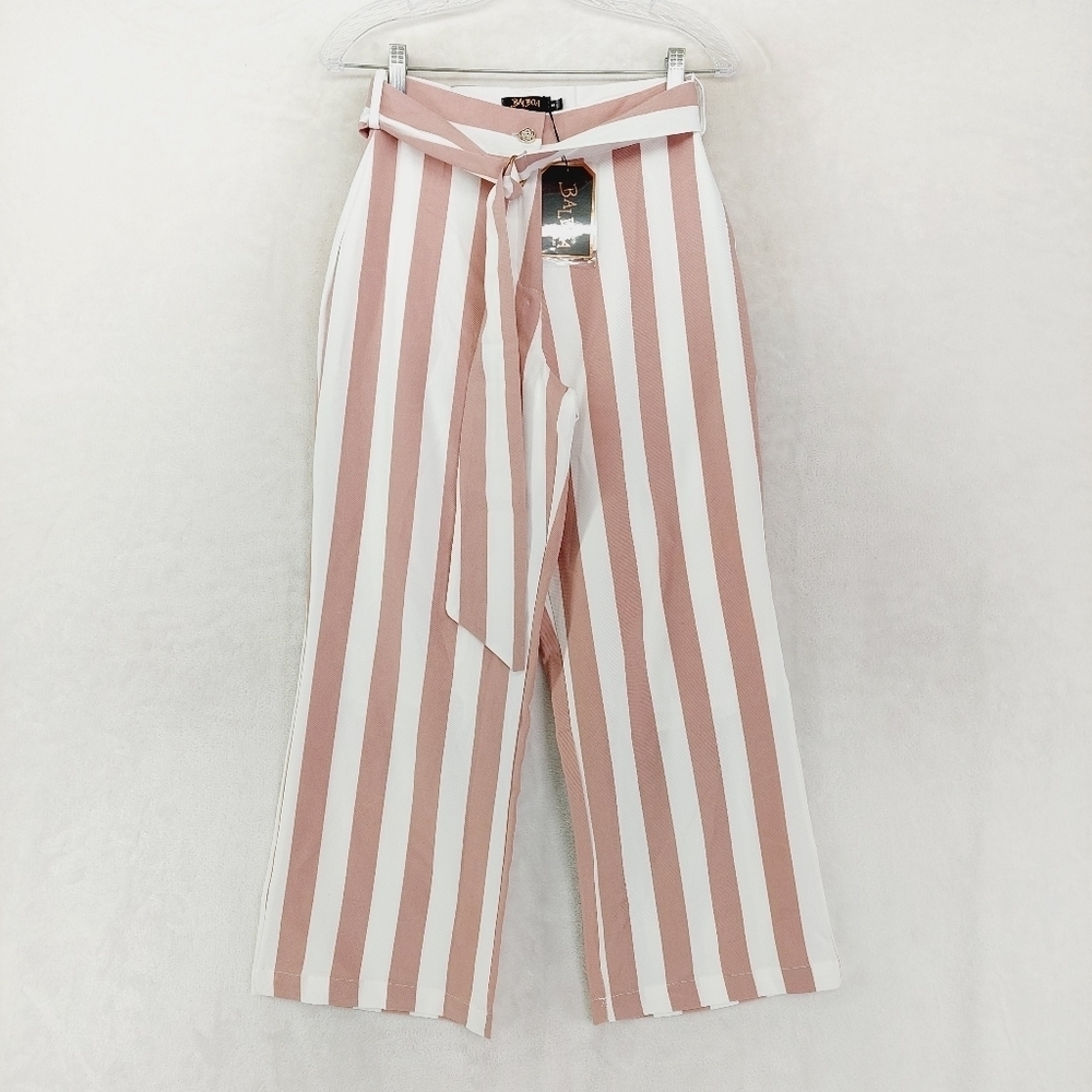 Striped Wide Leg Pants with Tie Waist - Pink & White